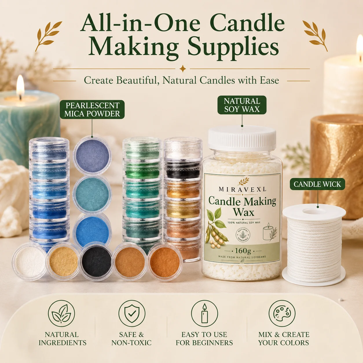 

MIRAVEXL Natural Soy Wax 160g or Pearl Powder, DIY Candle Wax Flakes or ShimmerPigment for Candle Making Wax Melts Crafts Tools