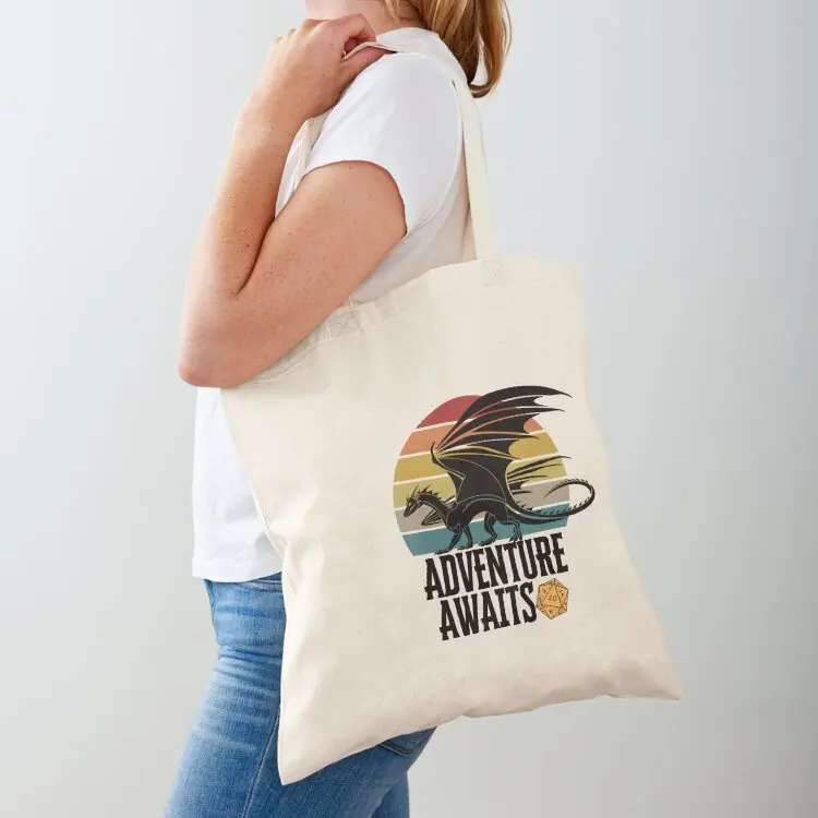 DND Roleplaying, Retro Sunset with Dragon and D20: Adventure Awaits Tote Bag hand bags sac pour femme Shopper Shopper bag