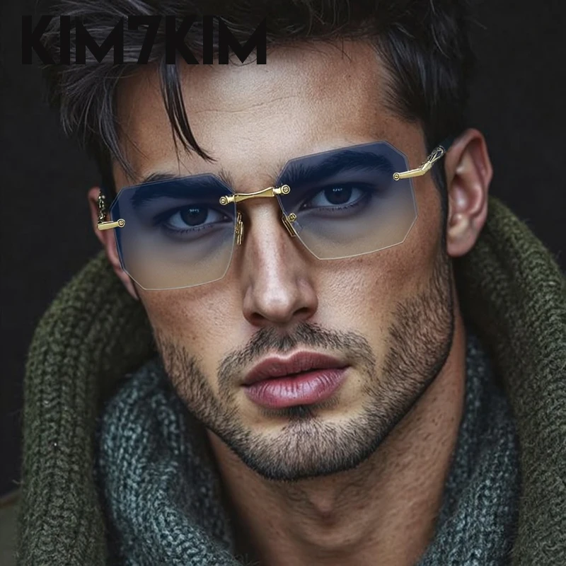 

Square Rimless Punk Sunglasses Men 2025 Luxury Brand Polygon Frameless Sun Glasses For Male Steampunk Driving Eyewear Shades
