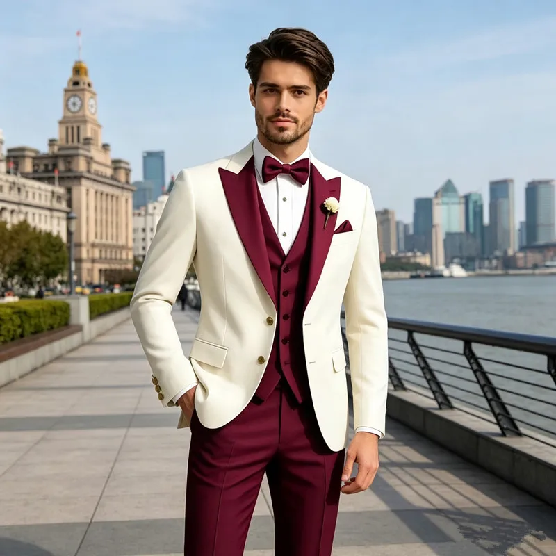 Formal Men's Suit 3-Piece Ivory Burgundy Spliced Jacket Vest Pant Custom Slim Fit Set Business Dinner Wedding Prom Party Tuxedo