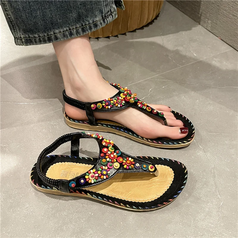 Summer Women Sandals 2023 Flat Casual Shoes Bead Slip On Sandalias Fashion Flip-Flop Roman Shoes for Women Chaussure Femme