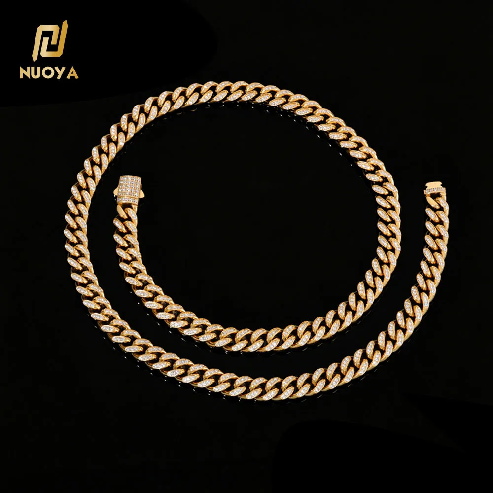 10mm NUOYA VVS Moissanite Cuban Link Chain Necklace 18K Gold Plated Stainless Steel Iced Out Hip Hop Necklace for Men.