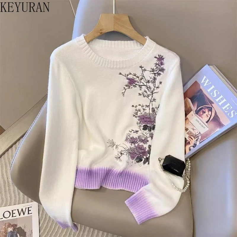 

Stylish Color Blocked Embroidery Flower Sweater Women Vintage Chic Long Sleeve Round Neck Pullover Knitwear Tops Jumpers Ladies
