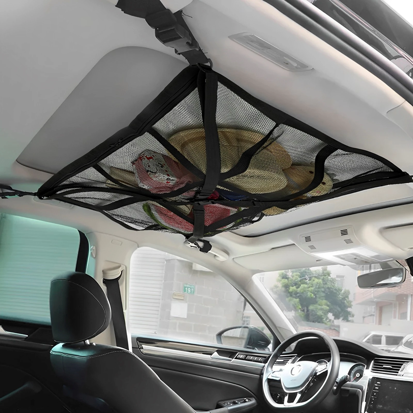 Car Ceiling Cargo Net Pocket Space Saving Auto Roof Cargo Storage Net with 2 Hooks Large Capacity Car Roof Organizer Adjustable