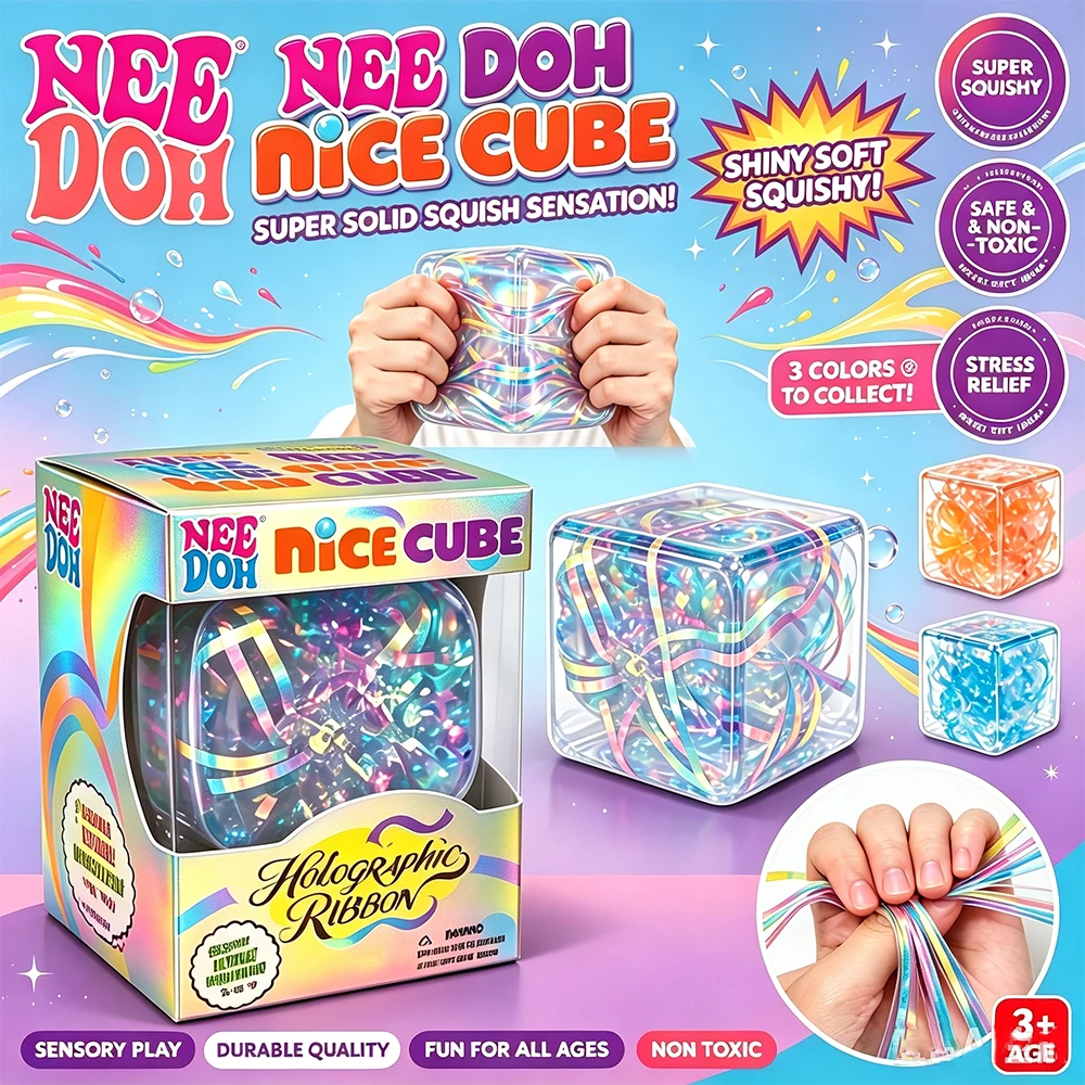 NeeDoh Nice Cube Fidget Squishy Cube Toy Holographic Ribbon Inside Stress Relief Squeeze Toy Party Favor Gift