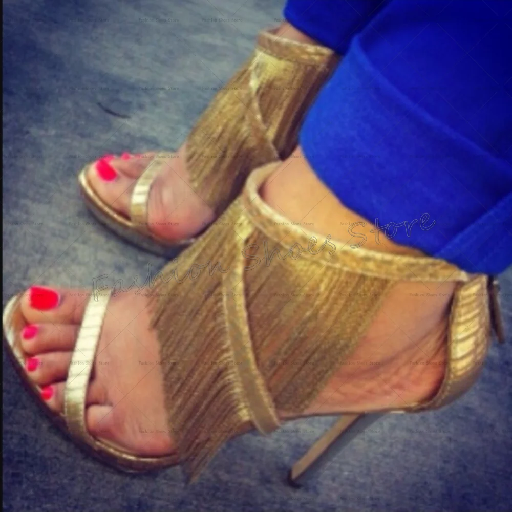 

Gold Tassel Decor Back Zipper Sandals Open Toe Stilettos High Heels High Heel Shoes for Women Heels 2025 New Zapatos Para Mujere