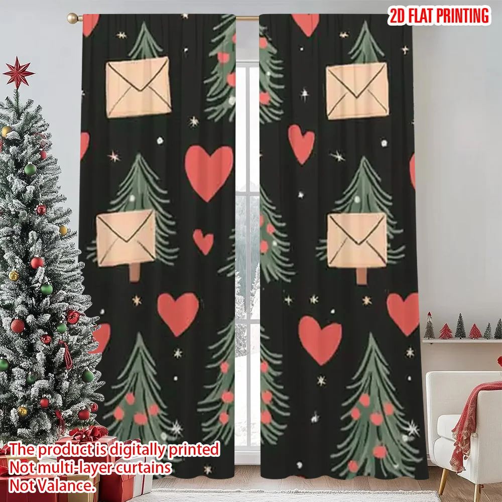 

2pcs 2D flat printing Merry Christmas Popular Party Window Curtains Red Hearts Pine Trees Versatile Fabric Without Electricity
