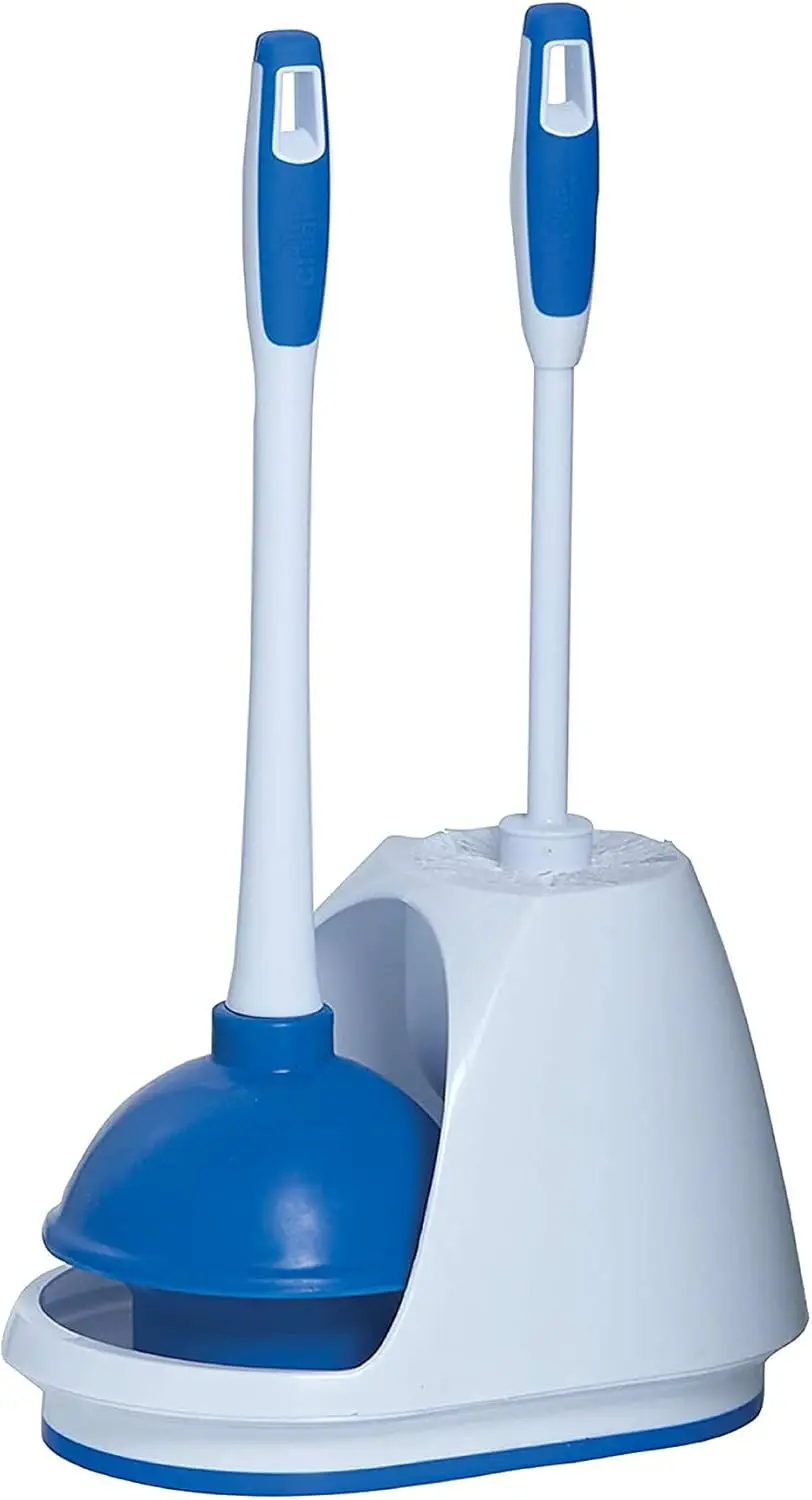 

Heavy-Duty Toilet Plunger and Bowl Brush Combo with Caddy, 3-Piece Set in White/Blue for Efficient Cleaning