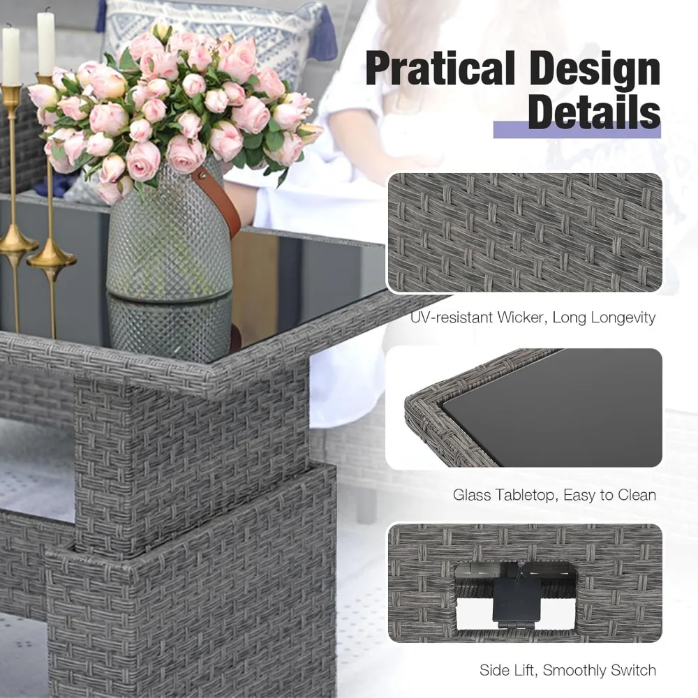 Patio Furniture Set 6-pcs Outdoor Furniture Conversation Sets with Lift DiningPatio Furniture Outdoor Couch Grey Rattan Light