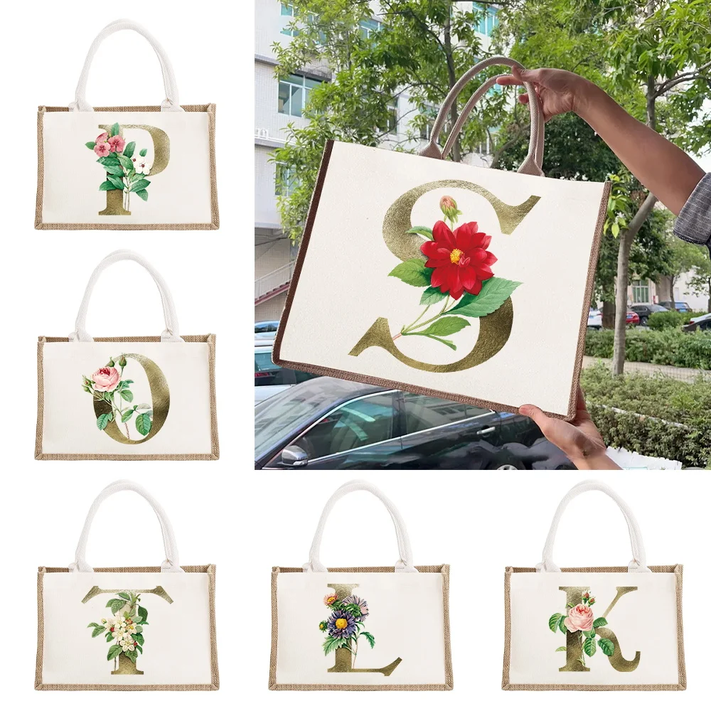 

Large Capacity Tote Bag Environmental Protection Linen Bag Handbag Lightweight Commuting Shoulder Bag Golden Flower Series