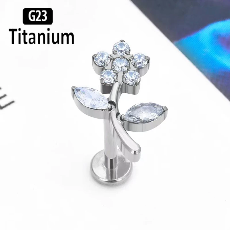 Piercing d'Oreille en Titane ASTM F136, Bijoux de Haute Qualité, Fleur CZ, Labret, Tragus, Cartilage, Conque Avant, Helix, 16G