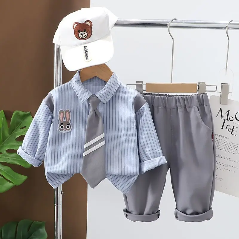 New Children's Two piece Spring and Autumn Boys' Baby Academy Long sleeved Shirt and Pants Set