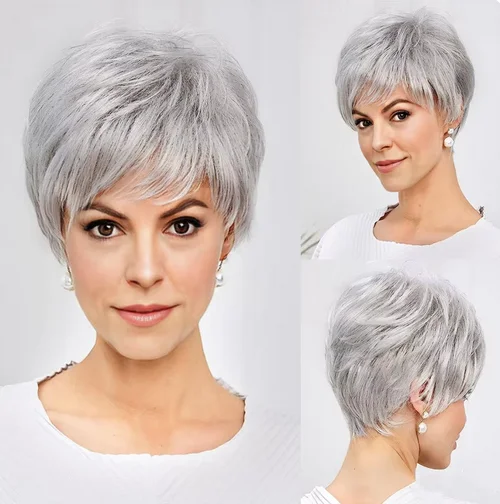 Granny Grey Wig Side Part Short Straight Hair For Middle-Aged Breathable Wig Synthetic Fiber High Temperature Silk Head Cover