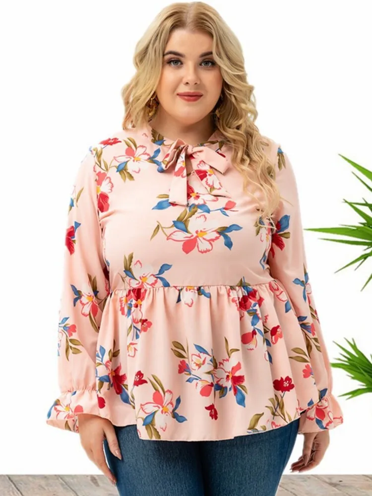 

Women's Plus Size XL-4XL Casual Long Sleeve T-shirt Big Size 3XL Flower Print Blouse Top Women Clothing Oversized Spring Summer