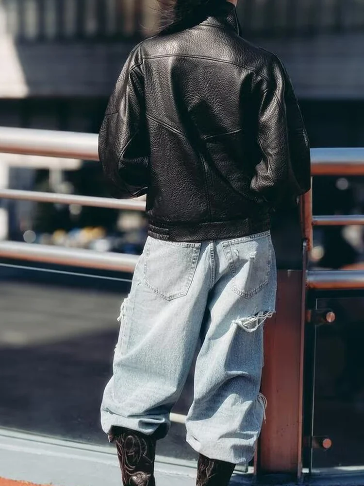 Giacca in pelle a maniche lunghe con colletto alla coreana in similpelle con cerniera alla moda da donna in stile europeo e americano