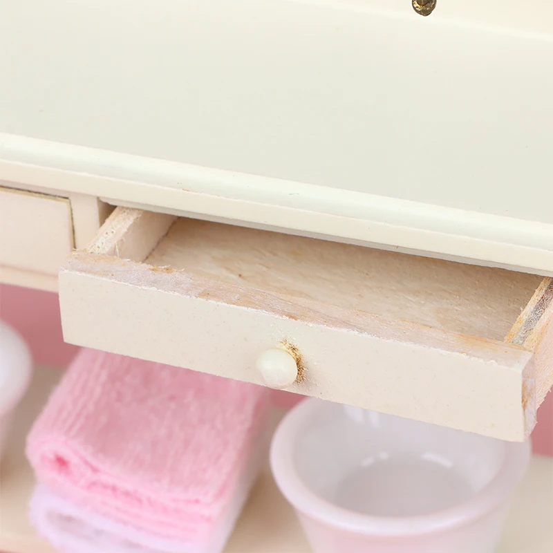 1:6 1:12 Dollhouse Miniature Wooden Bathroom Sink Cabinet Kitchen Wash Basin Drawer Furniture Model Decor Toys Accessory