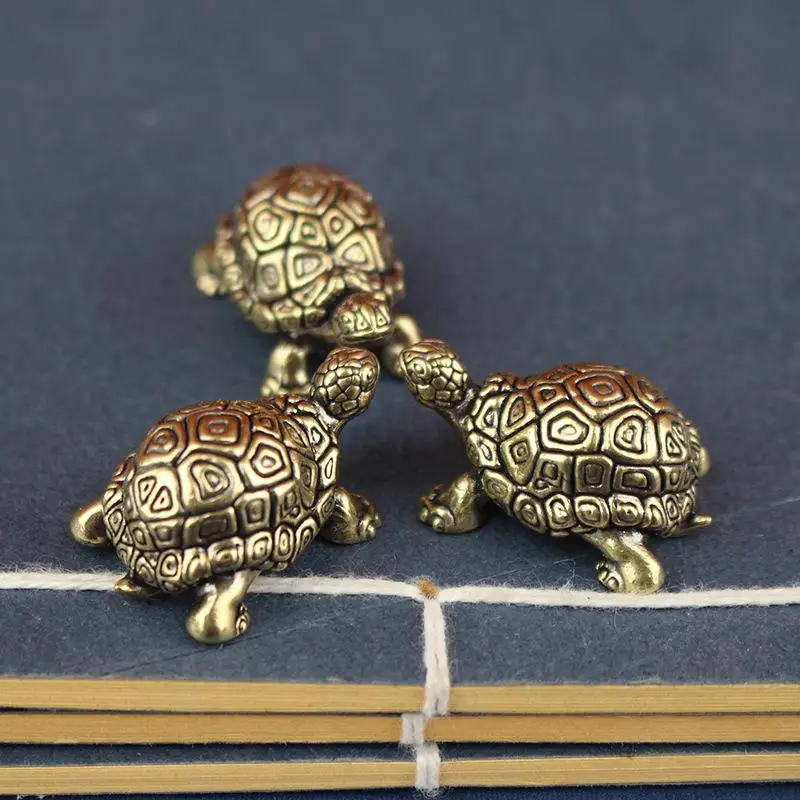 1/2PCS  Miniatures Antique Tea Pet Crafts Gifts Copper Turtle Statue Vintage Brass Tortoise Figurines Desktop Feng Shui Ornament