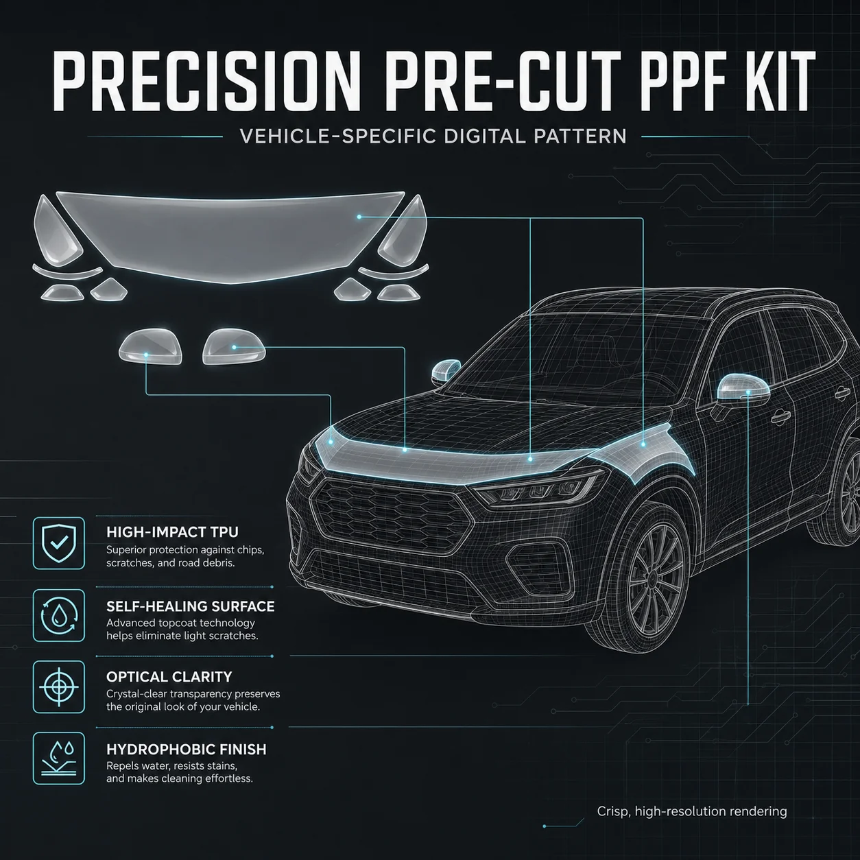 8.5mil TPU Precut PPF Kit For Ford F 250 SUPER DUTY 350 2020-2022 - Hood, Fenders & Mirror Set - Self-Healing Clear Bra Film view 2