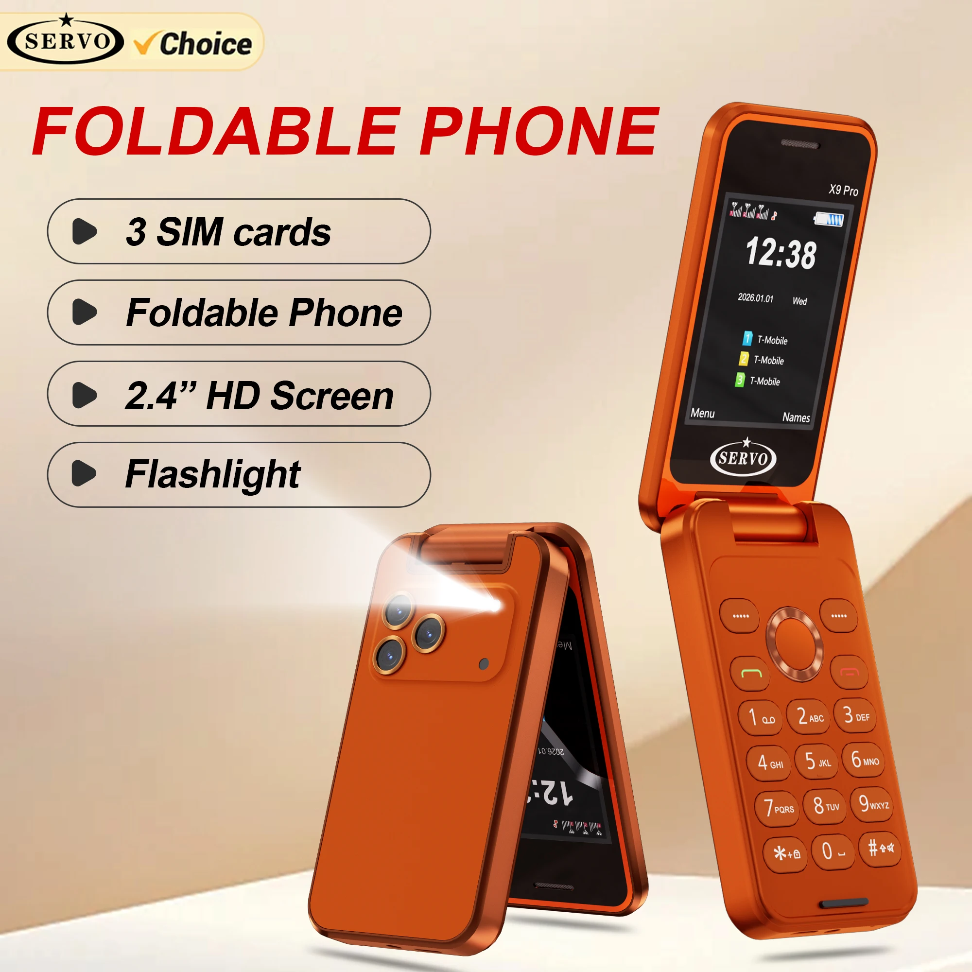 SERVO X9 PRO Foldable Mobile Phone 2G Three SIM Standby 2.4''Display Speed Dial Call Recording FM Radio Button Flip Cellphones