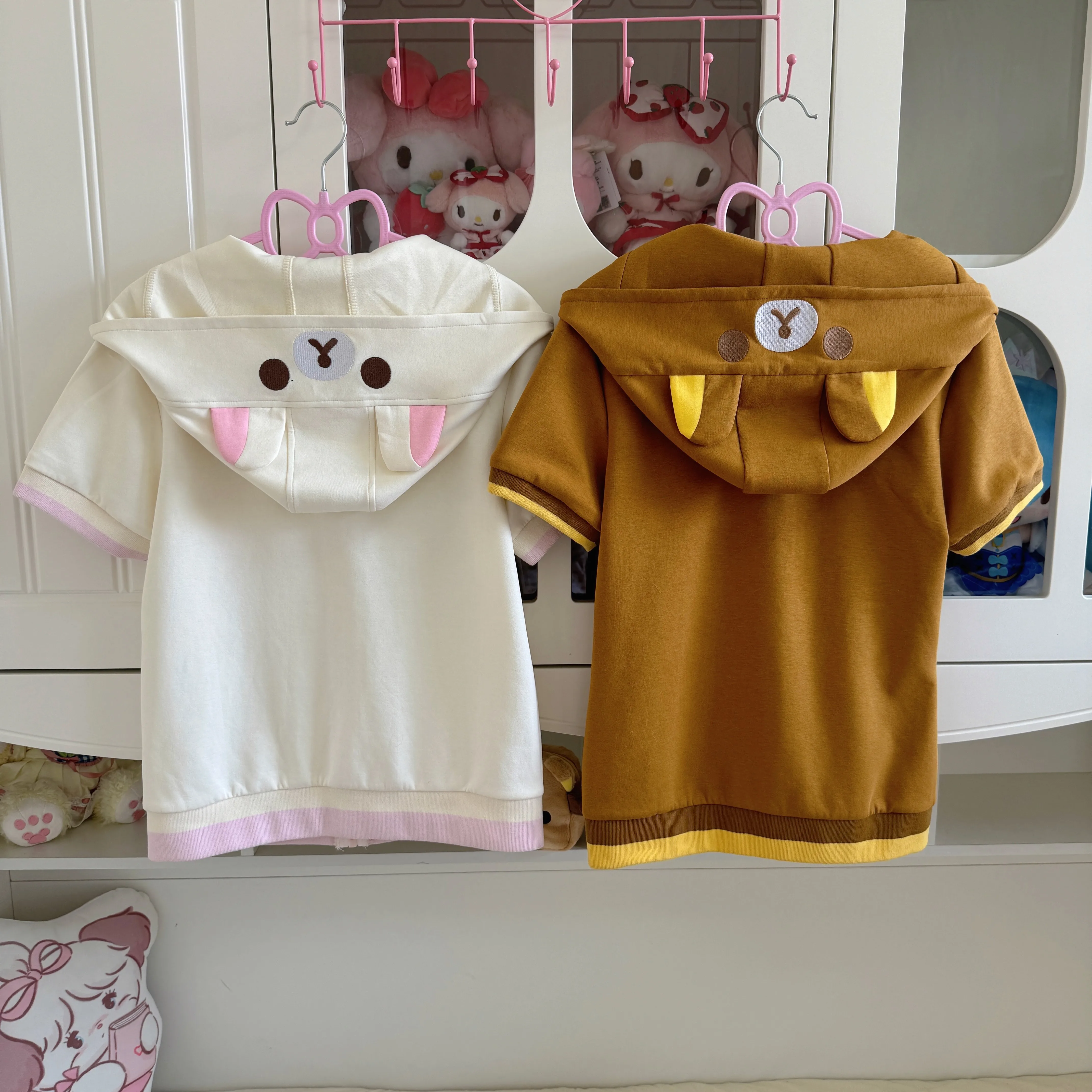 Bear Embroidered Short Sleeve Top Japanese Style Cute Soft Girl Summer Hooded Short Sleeve Zipper Jacket Women Slimming Top