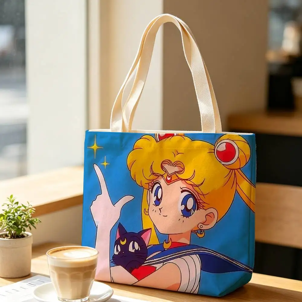Anime S-Sailor Moon Tsukino Usagi Large Capacity Cotton Polyester Shoulder Tote Bag Zipper Handbag for Shopping Daily 5