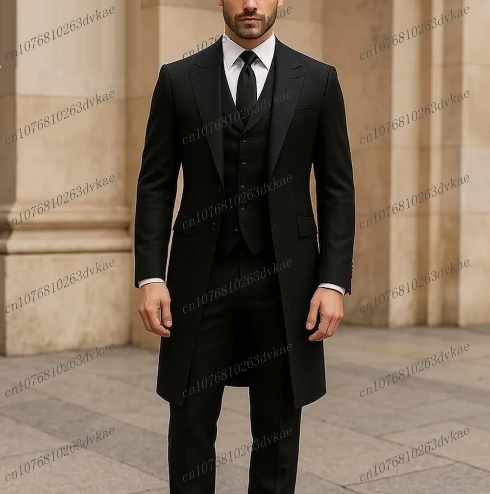 

Черный длинный пиджак, мужской костюм, свадебная вечеринка, формальный жених, жених, выпускной, деловой мужской смокинг, комплект из 3 предметов, куртка, жилет, брюки