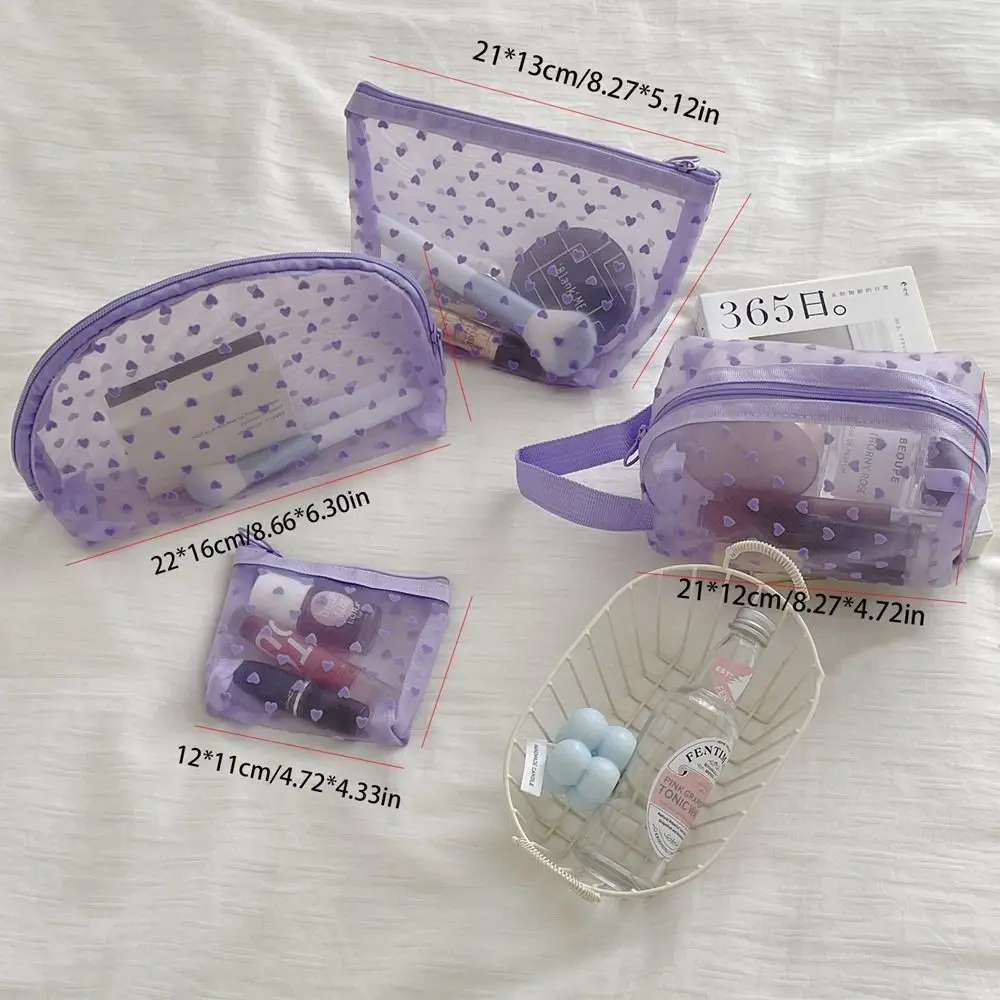 Purple Transparent Mesh Cosmetic Bag Heart Wave Point Make Up Bag Simple Portable Wash Pouch Travel Storage Bag