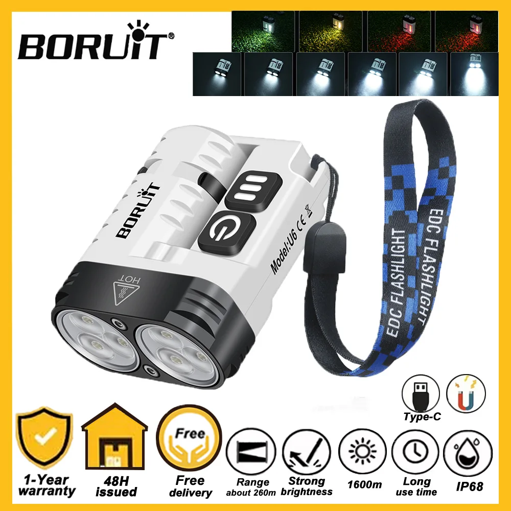BORUiT U6 LED Flashlight Keychain With Magnet 1600LM USB-C Rechargeable IP68 Waterproof Camping Fishing Torch EDC Emergency Lamp