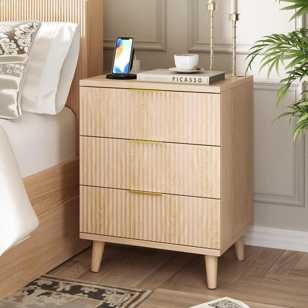 

Fluted 3-Drawer Nightstand w/ USB Charging, Quiet-Glide Wood Dresser, Large Bedroom End Table