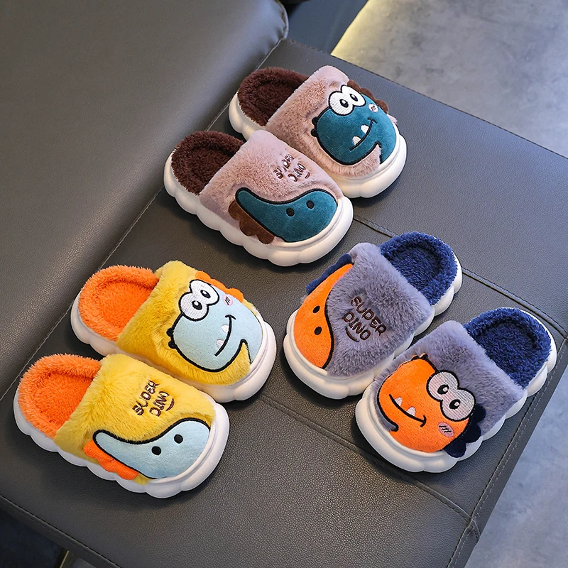 New Winter Cute Cartoon Dinosaur Children's Warm Soft Non-slip Fluffy Slippers For Girls Boys Indoor Mule Kids Home Cotton Shoes