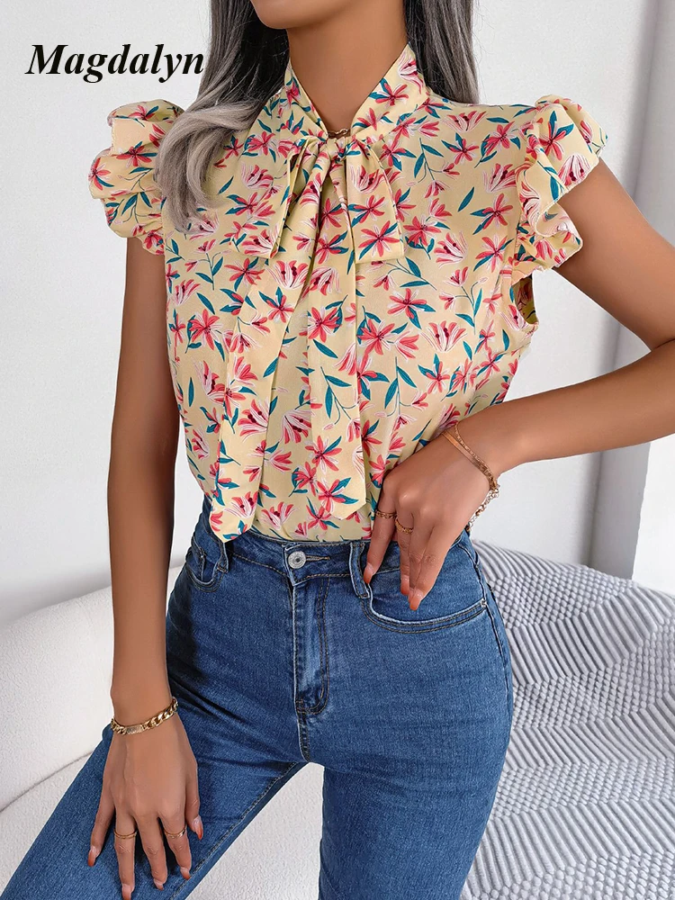 Magdalyn Chic Elegant Female Blouses Casual Summer Lace Up Tied Bow Chiffon Shirt Korean Floral Print Top Youthful Woman Clothes