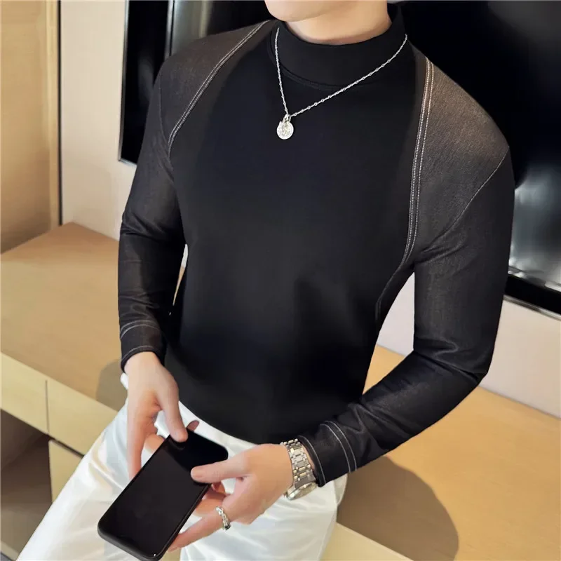 Korean Fashion Denim Patchwork Base Shirt for Men Long Sleeve Slim Fit Half High Neck T-shirt Versatile Casual Social Tee Tops