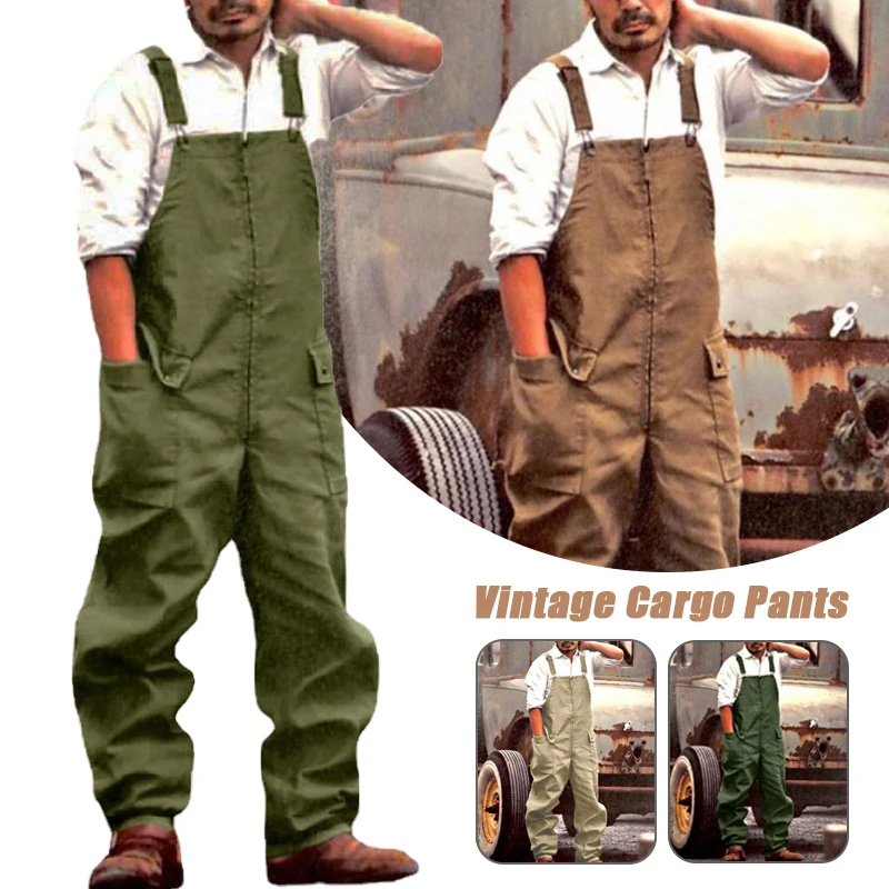 

New Men's Retro Bib Loose Large Size Fashion Casual Brown Green Painter Workwear Jumpsuit Autumn And Winter Trousers Adjustable