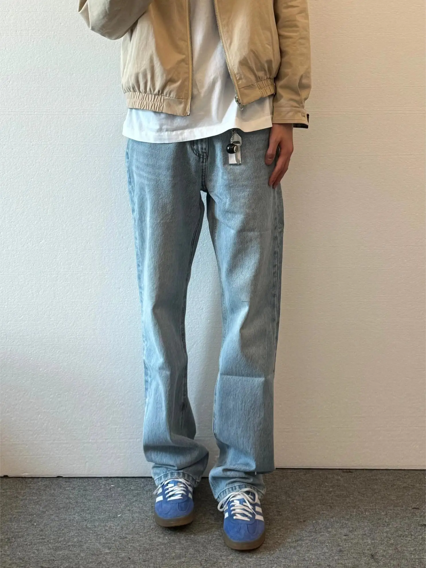

Cleanfit American High Street Vintage Wash Blue Men's Slim Straight Jeans Flared Legs Casual Trendy Long Pants