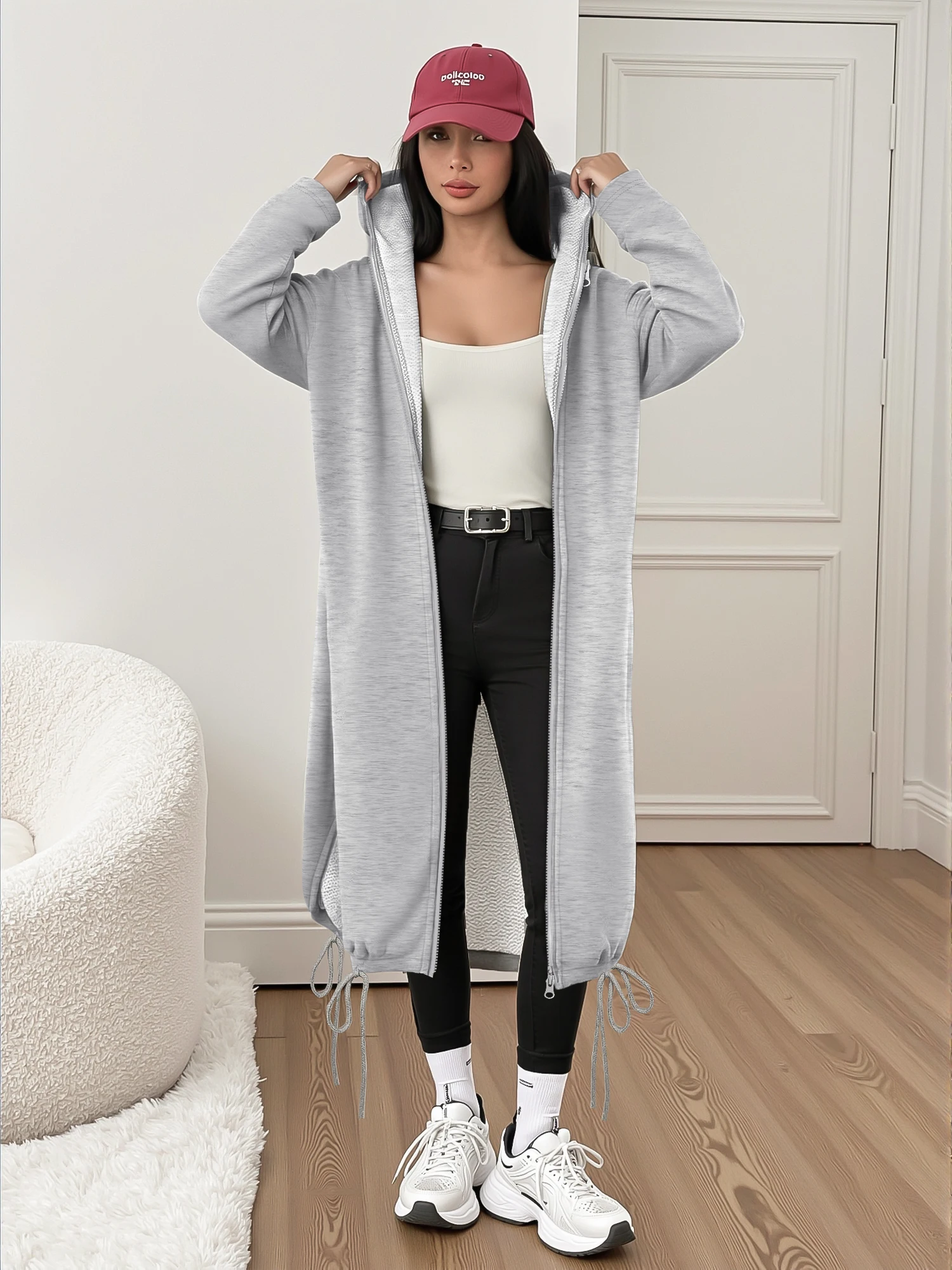 Ladies Long Hoodie Zip Up Outer Jacket Loose Fit Side Split Hem Drawstring Design Pocket Casual Long Cardigan