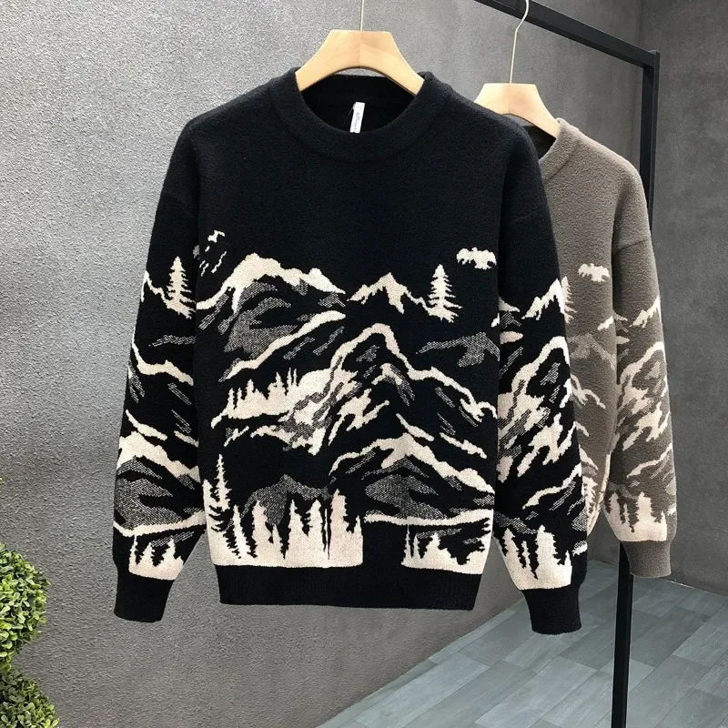 

Fashion Warm Sweater Men's Round Neck Knitted Sweaters Autumn Winter New Long Sleeves Jacquard Bottoming Shirt Tops Pullover