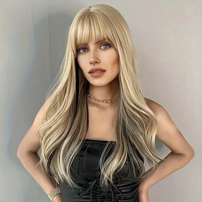 Synthetic wig long wave and curly black blonde hair with Bangs synthetic wig for women daily wear