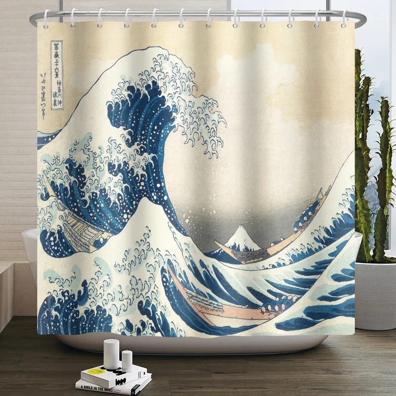 Japanese Ukiyo-e Shower Curtain The Great Wave of Kanagawa Mount Fuji Cherry Waterproof Shower Curtain for Bathroom Bathtub Deco