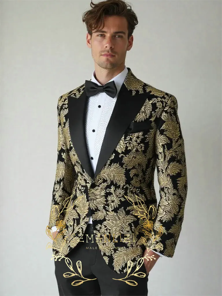 

Latest Coat Pant Design 2025 Black 2 Piece Gold Floral Formal Suits For Men Prom Tailor Made Slim Fit Groom Wedding Suit Tuxedo