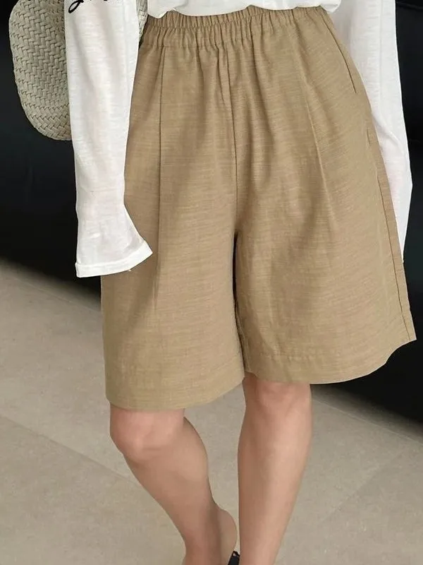 High Waist Wide Leg Casual Shorts  Color Pocket Detail European Style Loose Fit Ladies Pants Straight Tube Silhouette