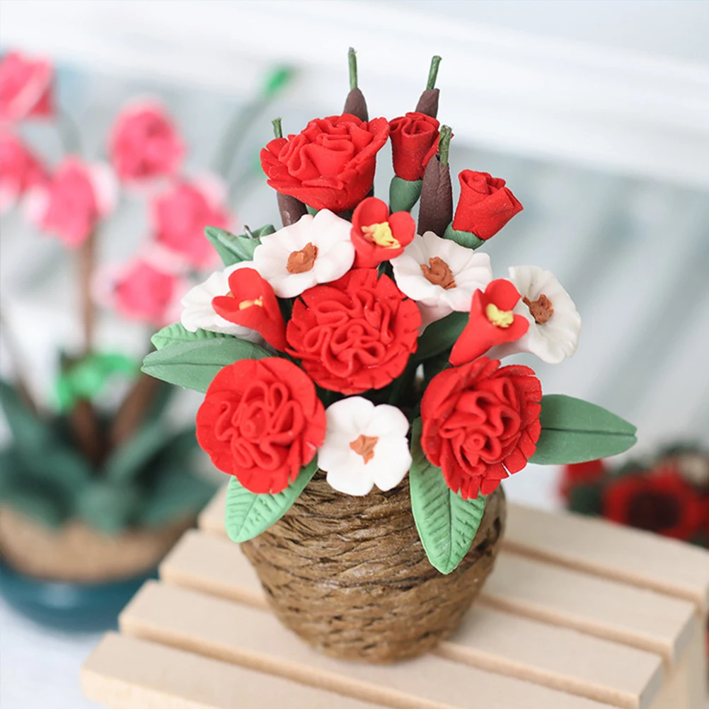 

Mini Flower Toys Miniatures Dollhouse Decoration Decorate Red Clay Tiny Flowers Vase