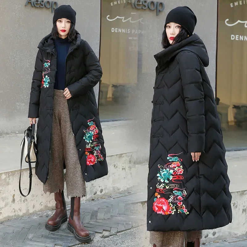 

New Winter Long Down Cotton Jacket For Women Zipper Hooded Parkas Coat Female Loose Padded Thicken Warm Snow Wear Jackets