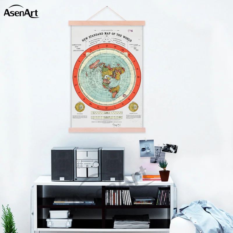 Flat Earth Map Scroll Canvas Poster Gleason\'s New  Of The World With Wooden Hanger Frame Wall Painting Picture Room Decor