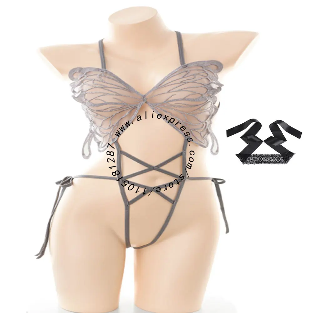 LISM Creative Butterfly Design Halter Neck Bodysuit Adjustable Straps Backless Sheer Erotic Role Play Outfit