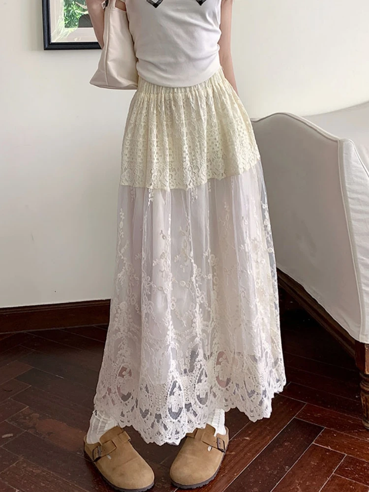 Qiukichonson Midi Long Skirts Women Beige Skirt 2024 Spring Summer Embroidery Goth Lolita High Waisted Crochet Lace Skirt rok