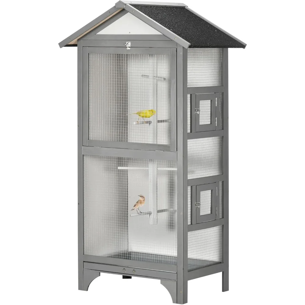 

PawHut 60" Wooden Outdoor Bird Cage for Finches, Parakeet, Large Bird Cage with Removable Bottom Tray 4 Perch, Light Gray