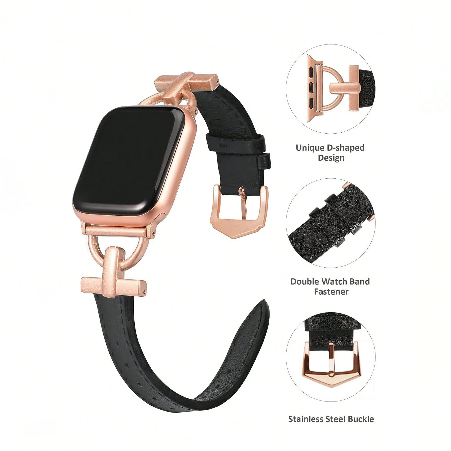 For Apple watch ultra21ses987654321 series 38404142444549mm rose gold metal D-shaped decoration with black soft leather band