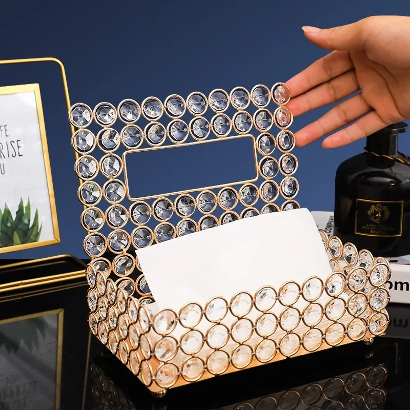 Gold Crystal Tissue Box Paper Towel Storage Box Creative Storage Box Gold Diamond Holder Rectangle Crystal Paper Container