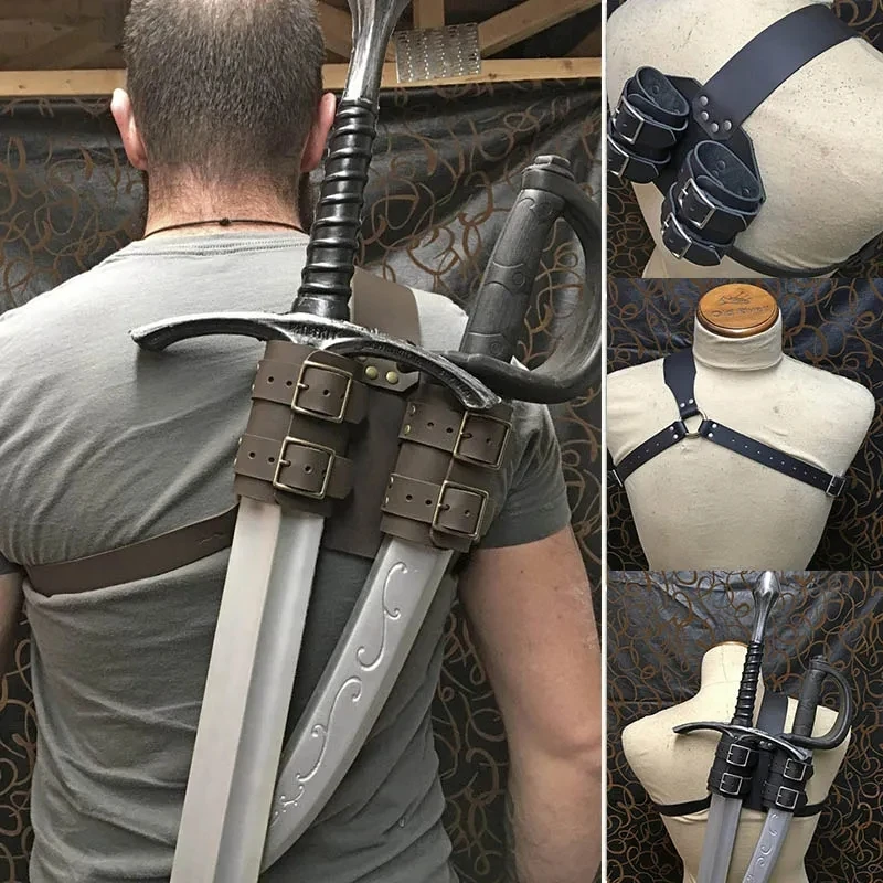 Funda trasera doble de Witcher Medieval para espada, soporte de corte, Guerrero pirata vikingo, funda de cuero, disfraz de Larp para Cosplay