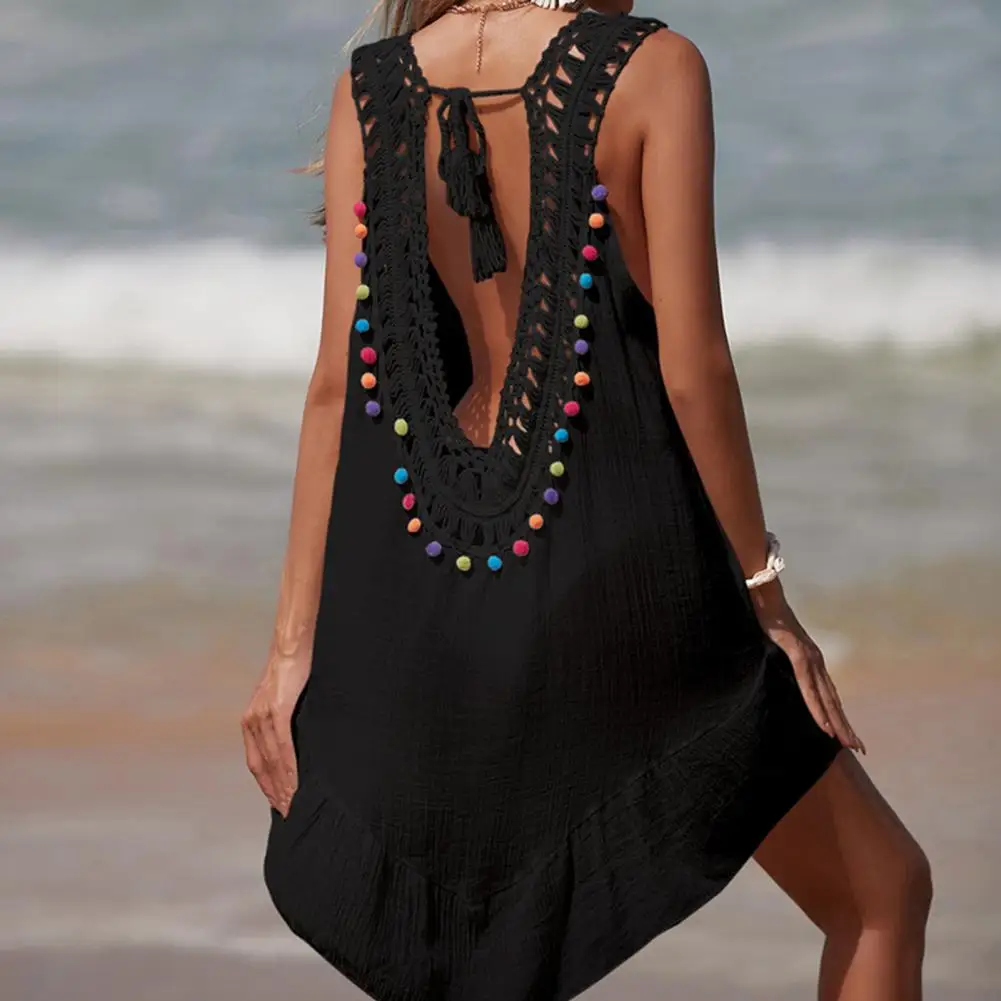 

Eye-catching Women Top Stylish Lace-up Crochet Beach Dress for Women V Neck Hollow Out Coverup with Sun Protection Bikini